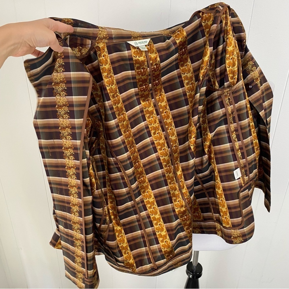 Austin Reed 70s VTG Plaid Paisley Print Button Up Blouse Size 16W Brown Gold - Picture 12 of 14